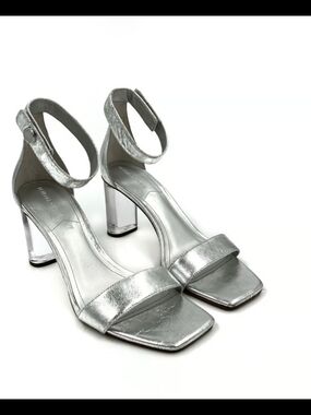 Kendall & Kylie Lex Metallic Silver Clear Lucite Resin Block Heel Sandals